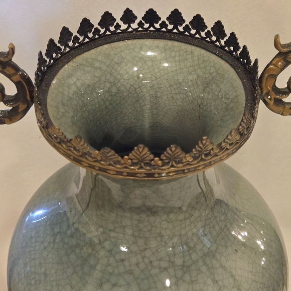 Antique Style Celadon Crackle Vase Ormolu Bronze Handles Base French Rococo 17” - Picture 7 of 11